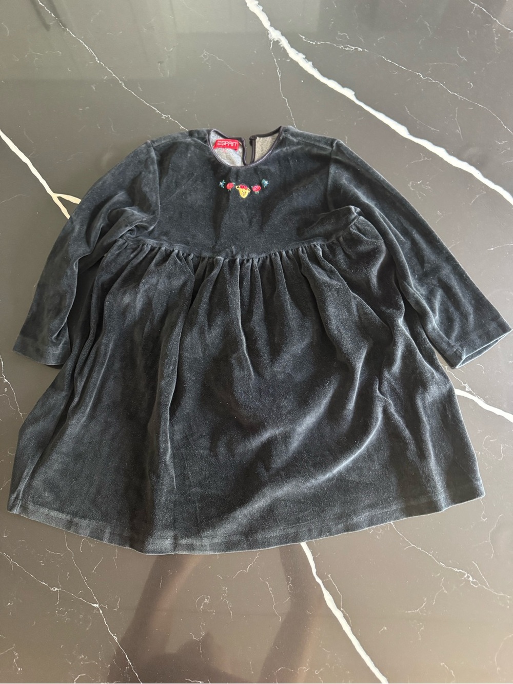 Vintage 90s Esprit Black Velvet Long-Sleeve Girls Dress with Embroidered Hearts